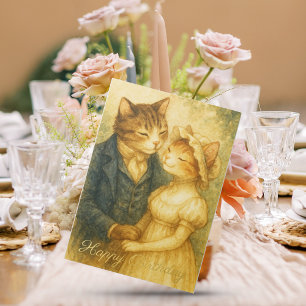 Tarjeta Festiva Con Relieve Metalizado Vintage Romantic Cat Pride y Prejuicio Cumpleaños