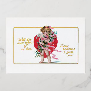 Tarjeta Festiva Con Relieve Metalizado Vintage Valentine Cupido con corazón y Rosas