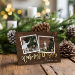 Tarjeta Festiva Con Relieve Metalizado Warmest Wiers Rustic Gold Script Foto<br><div class="desc">Personalizado económico imprimió tarjetas de felicitación de fotos con plantillas sencillas para la personalización. Este diseño rústico de moda presenta una plantilla de 2 fotos con texto de Relieve metalizado dorado real sobre un fondo de madera. Personalízalo con tus fotos, tu apellido, el año u otro texto personalizado. El lado...</div>