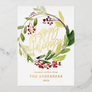 Tarjeta Festiva Con Relieve Metalizado Watercolor Berries Wreath happy Holidays