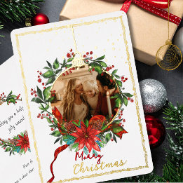 Tarjeta Festiva Con Relieve Metalizado Watercolor Gold Foil Holly Wreath Photo Card