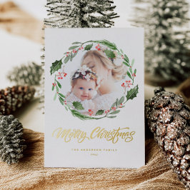 Tarjeta Festiva Con Relieve Metalizado Watercolor Holly Greenery Wreath Photo Christmas