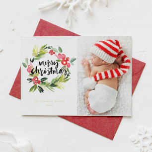 Tarjeta Festiva Con Relieve Metalizado Watercolor Holly Wreath Merry Christmas Photo