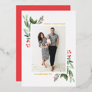 Tarjeta Festiva Con Relieve Metalizado Watercolor Holly y Greenery Merry Chrismas Foto