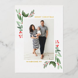 Tarjeta Festiva Con Relieve Metalizado Watercolor Holly y Greenery Merry Chrismas Foto