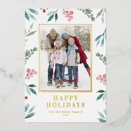 Tarjeta Festiva Con Relieve Metalizado Watercolor Invierno Foto De Marco Botánico