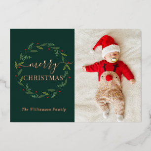 Tarjeta Festiva Con Relieve Metalizado Watercolor Merry Christmas Wreath Baby Photo