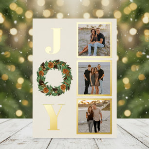 Tarjeta Festiva Con Relieve Metalizado Watercolor Naranja seco Wreath Joy 3 Photo Gold