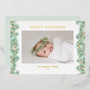 Tarjeta Festiva Con Relieve Metalizado Watercolor Pine Needles Garland Photo