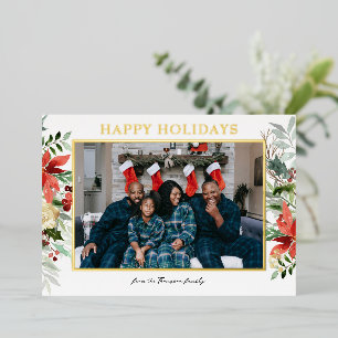 Tarjeta Festiva Con Relieve Metalizado Watercolor Rojo Poinsettia Foto Floral Botánica