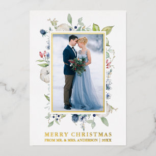 Tarjeta Festiva Con Relieve Metalizado Watercolor Winter Blue Floral Newlywoed Gold