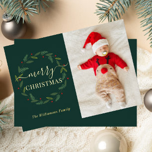 Tarjeta Festiva Con Relieve Metalizado Watercolor Wreath Merry Christmas Baby Photo