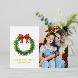 Tarjeta Festiva Con Relieve Metalizado Watercolor Wreath Photo Modern Navidades