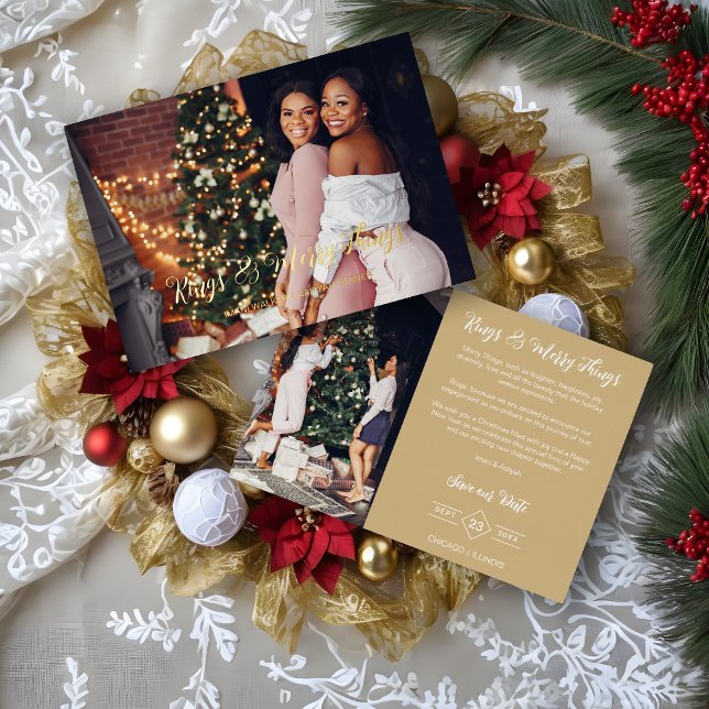 Tarjeta Festiva Con Relieve Metalizado Wedding Exclusive Whimsical Golden Script 2 Photos (Whimsical Fake Golden Typography Rings & Merry Things Quote Foil Holidays as a Save the Date.)