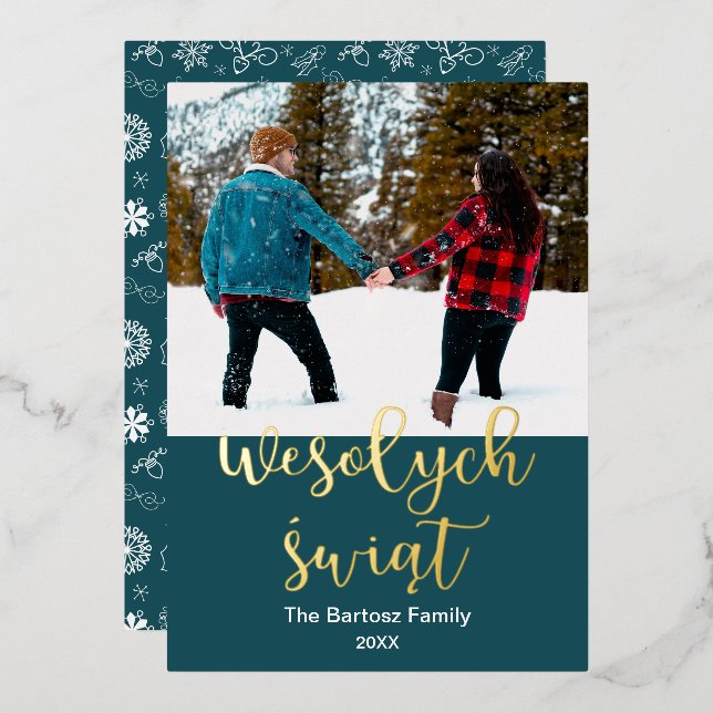 Tarjeta Festiva Con Relieve Metalizado Wesołych świąt, Polaco Feliz Navidad Elegante (Anverso/Reverso)