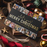 Tarjeta Festiva Con Relieve Metalizado What A Year! 12 Photo Collage | Christmas<br><div class="desc">A modern photo collage christmas card,  featuring 12 of your favorite photographs from the year,  in a photo strip style,  over a black background with a real gold foil template christmas greeting. Font styles and background color can be changed easily by clicking on the customize further link after personalizing.</div>