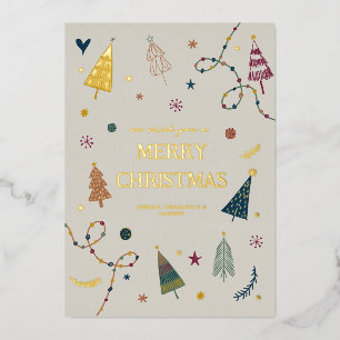 Tarjeta Festiva Con Relieve Metalizado Whimsical Boho Christmas Trees Gold Holiday Card