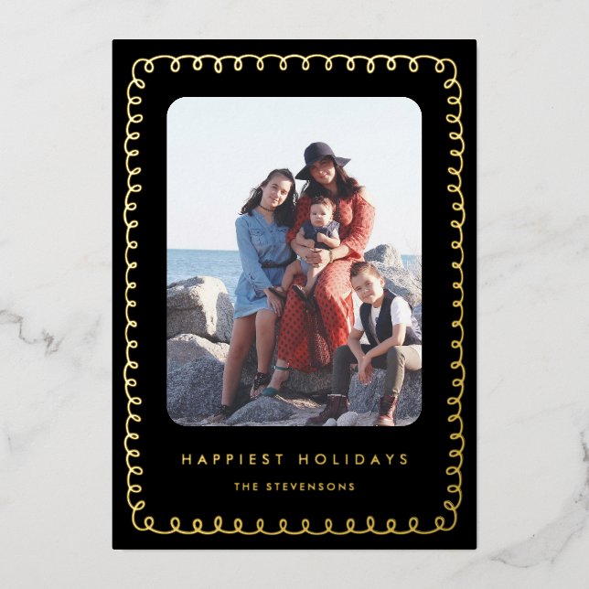 Tarjeta Festiva Con Relieve Metalizado Whimsical Frame Happiest Holidays (Anverso)