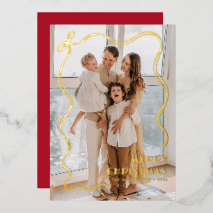 Tarjeta Festiva Con Relieve Metalizado Whimsical Gold Ribbon Family Photo Merry Christmas