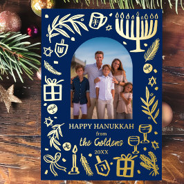 Tarjeta Festiva Con Relieve Metalizado Whimsical HANUKKAH Personalizado Cute Foto ORO