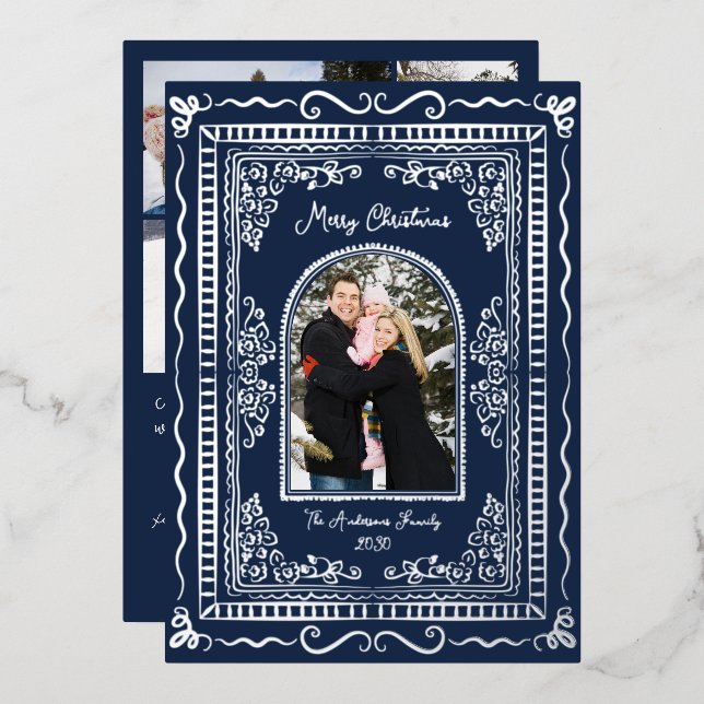 Tarjeta Festiva Con Relieve Metalizado Whimsical Illustrative Christmas Five Photo (Anverso/Reverso)