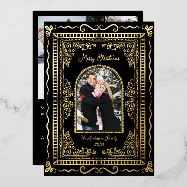 Tarjeta Festiva Con Relieve Metalizado Whimsical Illustrative Christmas Five Photo (Anverso/Reverso)