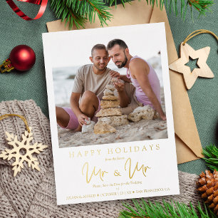 Tarjeta Festiva Con Relieve Metalizado Whimsical MR & MR Gay Christmas Wedding Photo