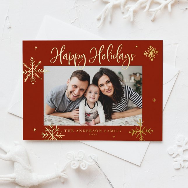 Tarjeta Festiva Con Relieve Metalizado Whimsical Snowflakes Red Happy Holidays (Subido por el creador)
