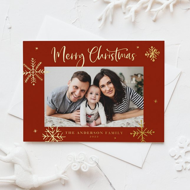 Tarjeta Festiva Con Relieve Metalizado Whimsical Snowflakes Red Merry Christmas Photo (Subido por el creador)