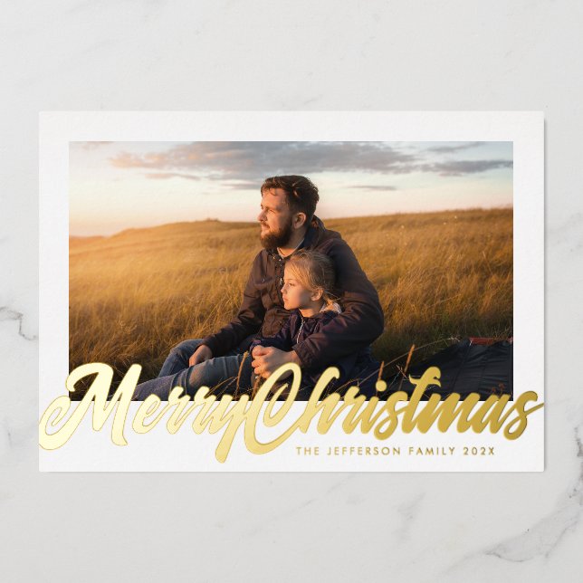 Tarjeta Festiva Con Relieve Metalizado White Frame & Gold Merry Christmas Photo (Anverso )
