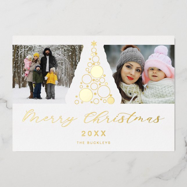 Tarjeta Festiva Con Relieve Metalizado White Trendy Luxury Christmas Tree 2 Photos Family (Anverso)