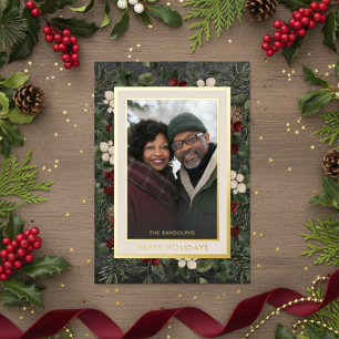 Tarjeta Festiva Con Relieve Metalizado Winter Berries Black Happy Holidays