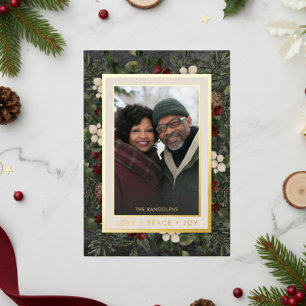 Tarjeta Festiva Con Relieve Metalizado Winter Berries Black Love Peace Joy Photo