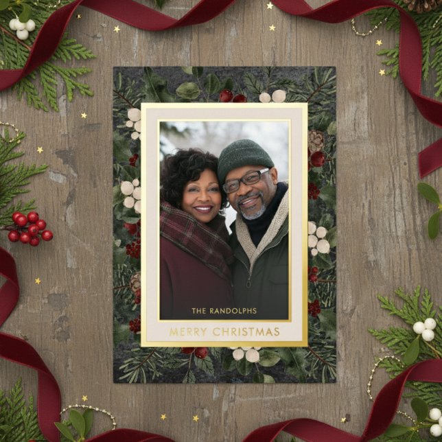 Tarjeta Festiva Con Relieve Metalizado Winter Berries Black Merry Christmas Photo (Subido por el creador)