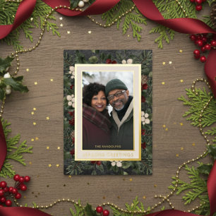 Tarjeta Festiva Con Relieve Metalizado Winter Berries Black Seasons Greetings Photo