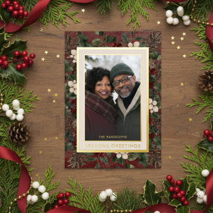 Tarjeta Festiva Con Relieve Metalizado Winter Berries Burgundy Seasons Greetings Photo