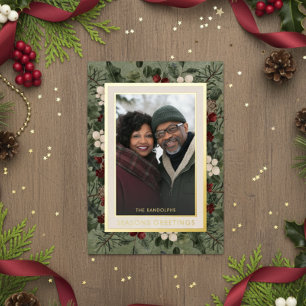 Tarjeta Festiva Con Relieve Metalizado Winter Berries Green Seasons Greetings Photo