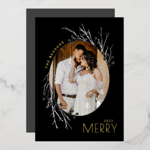 Tarjeta Festiva Con Relieve Metalizado Winter Berries Merry Branches Gray Black Real