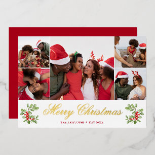 Tarjeta Festiva Con Relieve Metalizado Winter Berry Red Green Navidades 5 Fotos Saludos