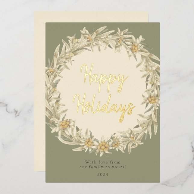 Tarjeta Festiva Con Relieve Metalizado Winter Floral Edelweiss Alpine (Anverso/Reverso)