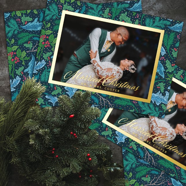 Tarjeta Festiva Con Relieve Metalizado Winter Holly Berries Navidades casados (Subido por el creador)