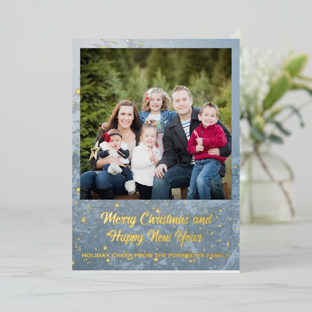 Tarjeta Festiva Con Relieve Metalizado Winter Merry Christmas family Photo (Anverso de pie)