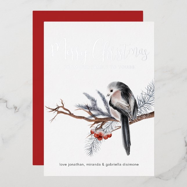 Tarjeta Festiva Con Relieve Metalizado Winter Watercolor Bird Silver (Anverso/Reverso)