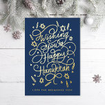 Tarjeta Festiva Con Relieve Metalizado Wishing you a happy hanukkah handlettering<br><div class="desc">Handlettered "wishing you a happy hanukkah" blue and gold foil; background color is editable; photos on the back.</div>