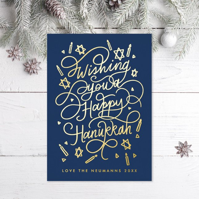 Tarjeta Festiva Con Relieve Metalizado Wishing you a happy hanukkah handlettering (Subido por el creador)