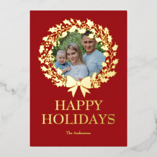 Tarjeta Festiva Con Relieve Metalizado Wreath Bow Photo Real Relieve metalizado dorado ta