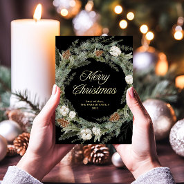 Tarjeta Festiva Con Relieve Metalizado Wreath elegante negro | Feliz Navidad Gold
