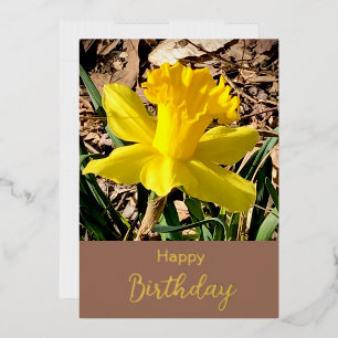 Tarjeta Festiva Con Relieve Metalizado Yellow Daffodil Happy Birday Gold