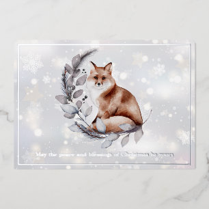 Tarjeta Festiva Con Relieve Metalizado Zorro acuarela y Navidad personalizada en nieve
