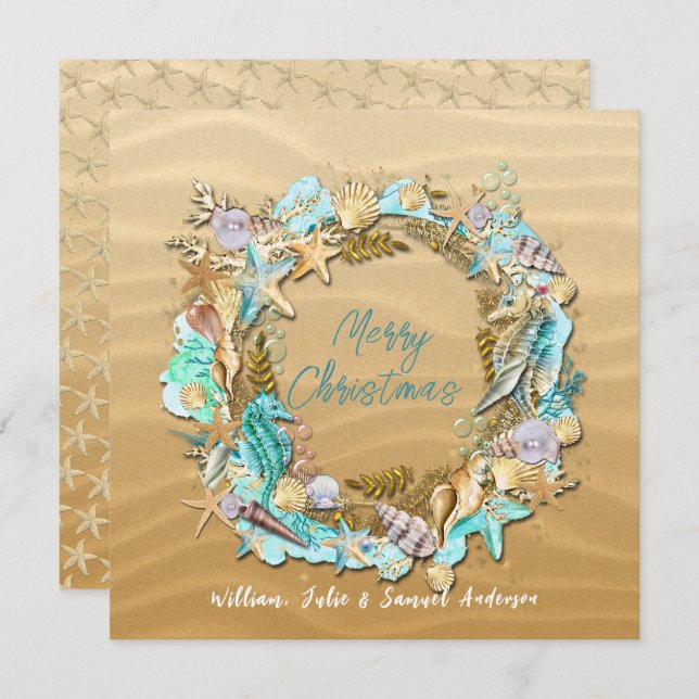 Tarjeta Festiva Conchas de playa tropical estrella de mar dólar de (Anverso / Reverso)